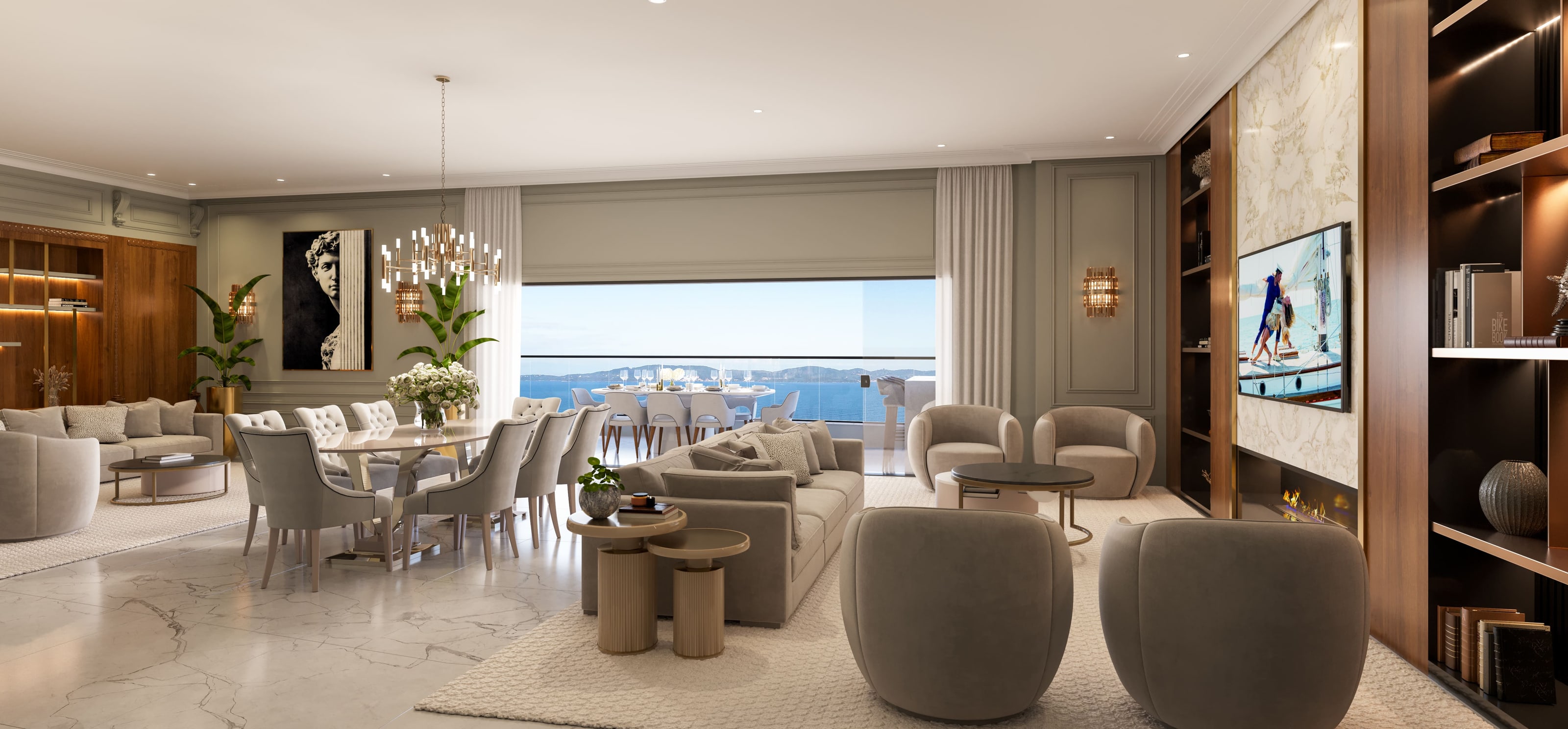 Living integrado do apartamento Celine, com vista panorâmica para o mar