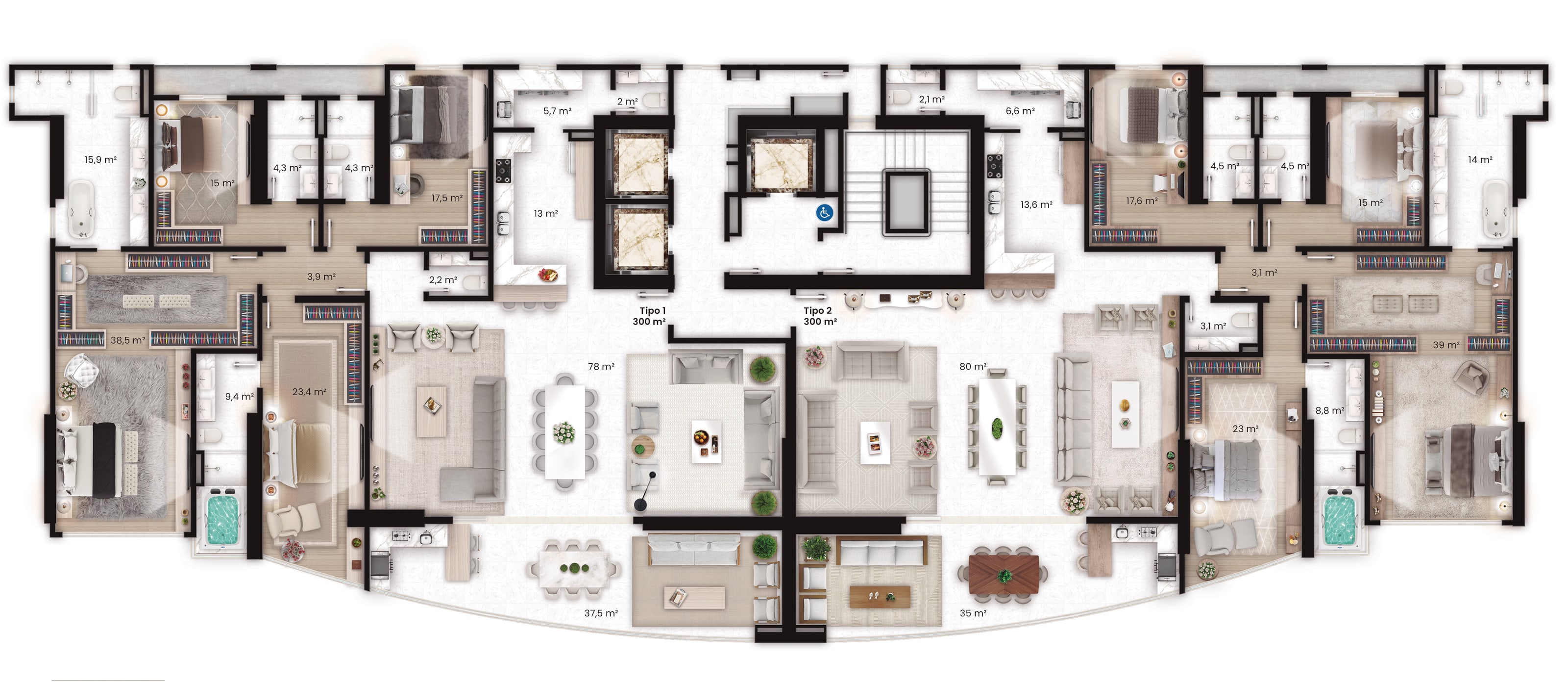 Planta baixa do apartamento tipo do Celine, 300 m², com 4 suítes