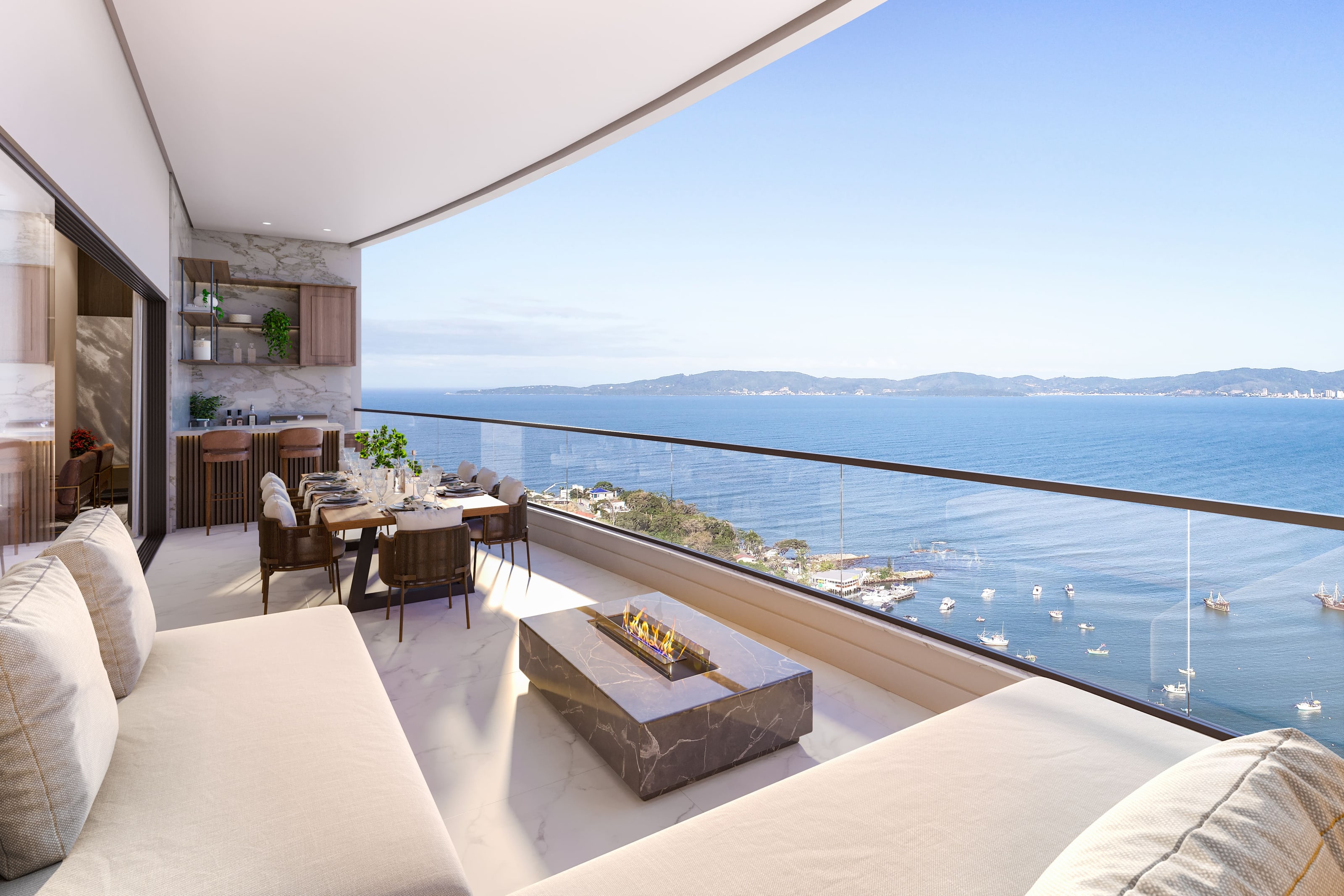 Sacada de 37 metros do apartamento Celine, com vista para a Marina do Canto da Praia